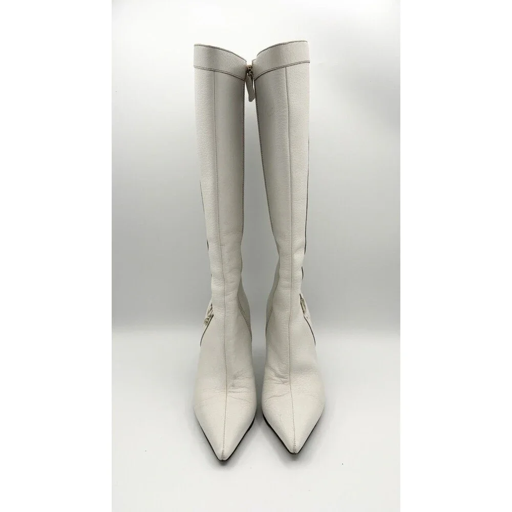 Gucci White Leather Knee High Pointed Toe Boots Vintage Size EU 36.5
